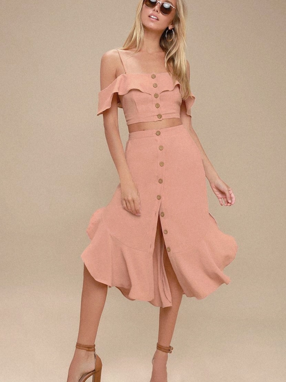 Lulu's Dusty Rose Ruffle Button-Front Skirt Set